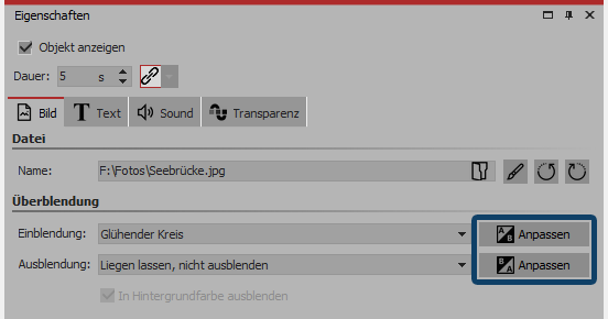 Ein- bzw. Ausblendung anpassen