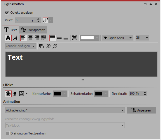 Eigenschaften für Text-Objekt