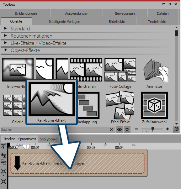 Effekt aus der Toolbox in die Timeline ziehen