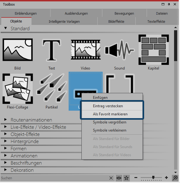 Toolbox-Elemente verstecken/als Favorit setzen