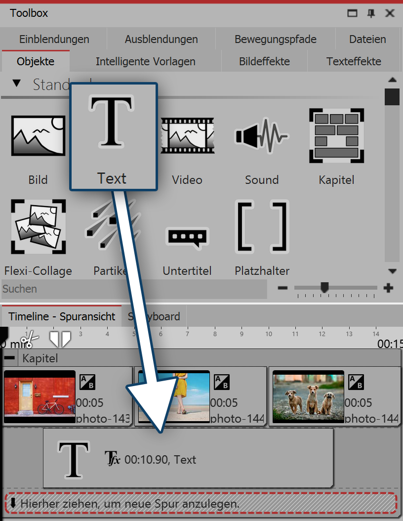 Text-Objekt in Spur unter Bilder ziehen