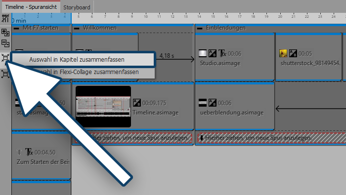 Markierte Objekte in Kapitel zusammenfassen