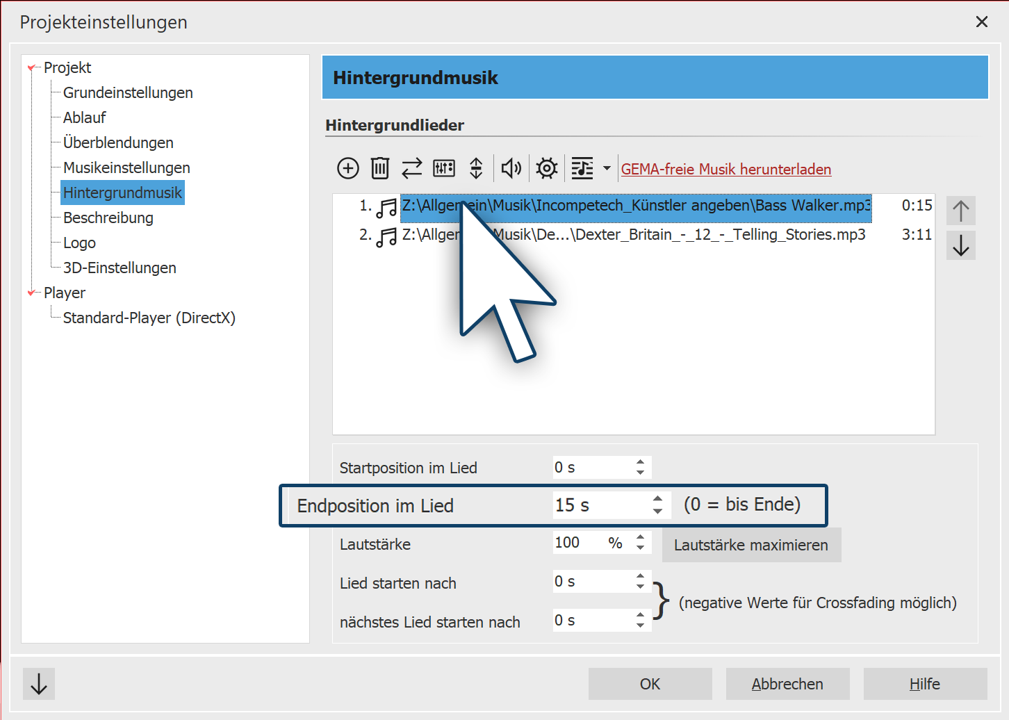 Endposition des Titels festlegen Endposition des Titels festlegen