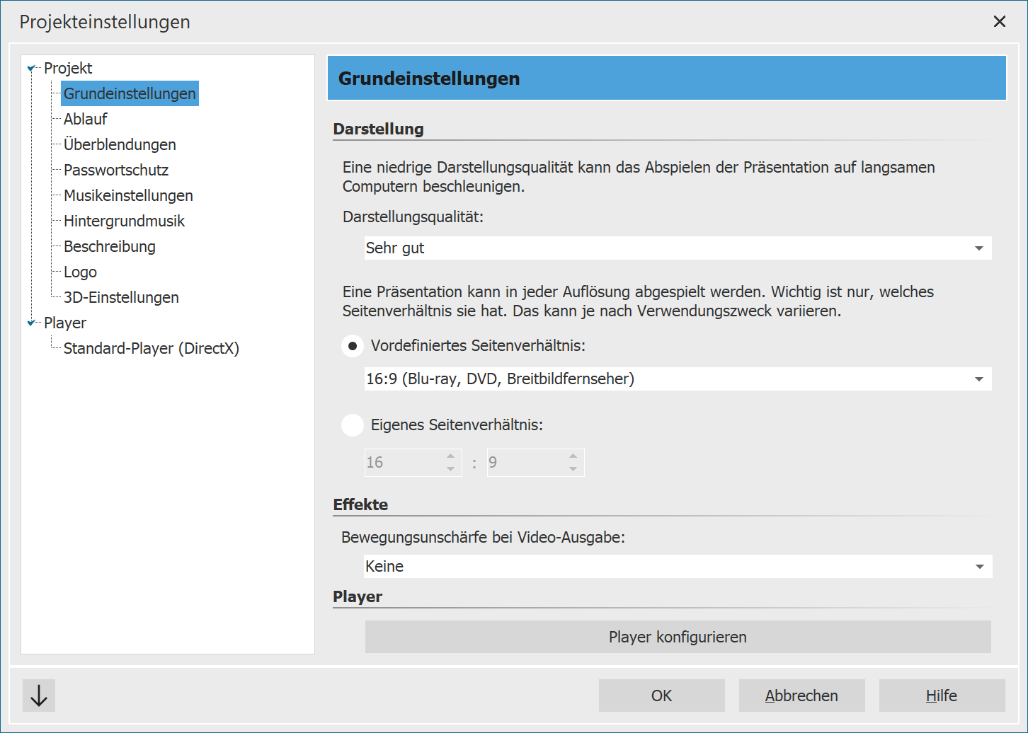 Grundeinstellungen Stages