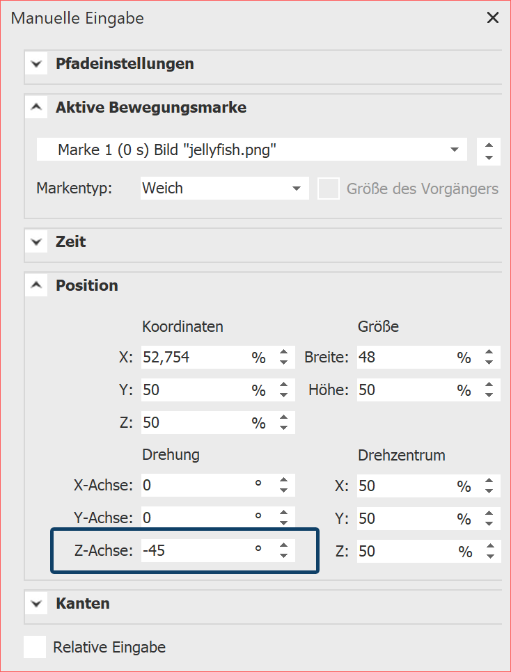 Manuelle Eingabe des Winkels