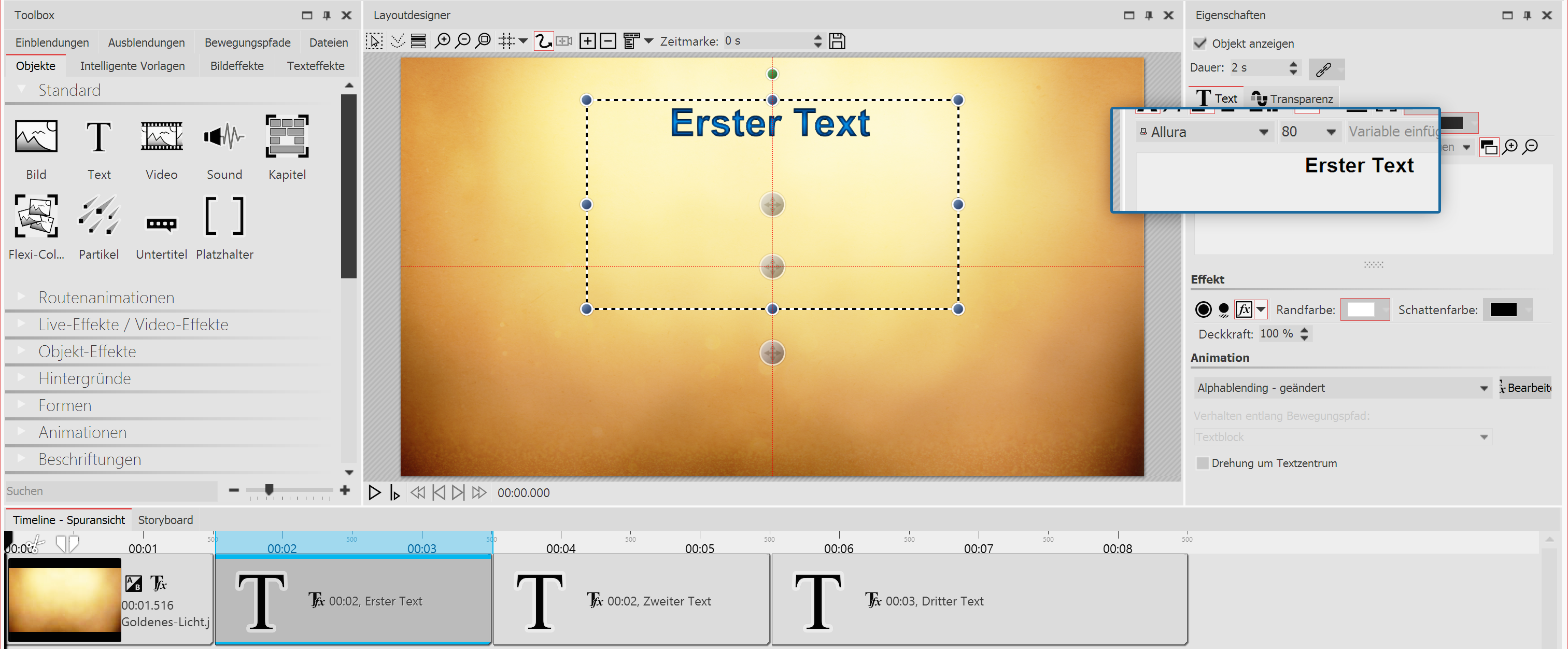 Text eingeben und Animation auswählen
