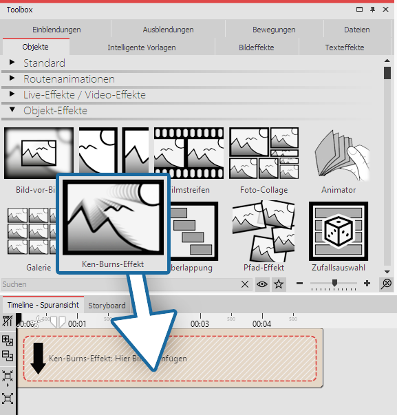 Effekt aus der Toolbox in die Timeline ziehen