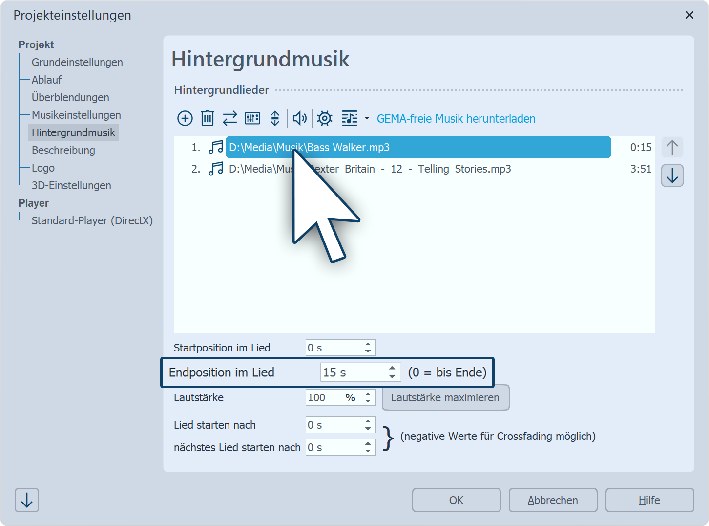Endposition des Titels festlegen Endposition des Titels festlegen