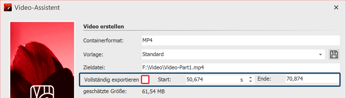 Entfernen Sie das Häkchen bei Vollständig exportieren