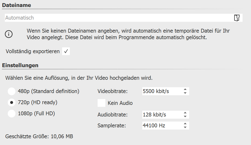 Video-Einstellungen für YouTube