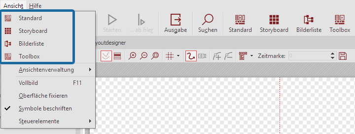 Auswahl der Ansichten im Menü und in der Toolbar
