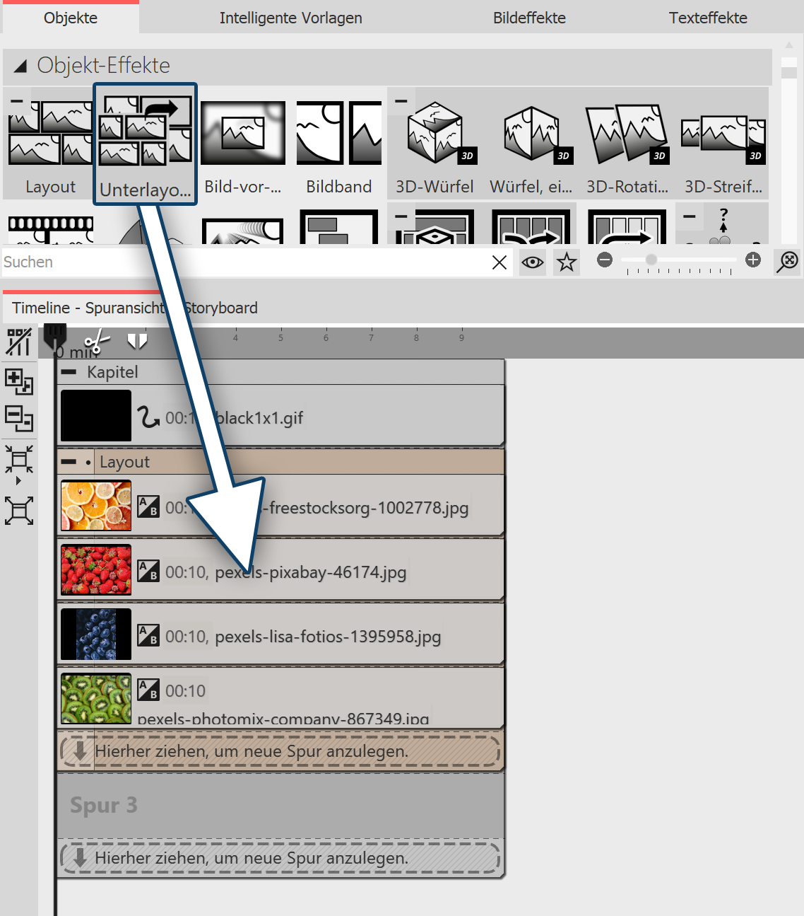 Das Unterlayout wird in den Layouteffekt gezogen.