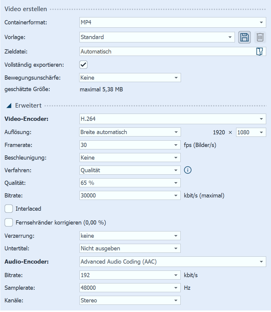 Video-Assistent mit erweiterten Einstellungen