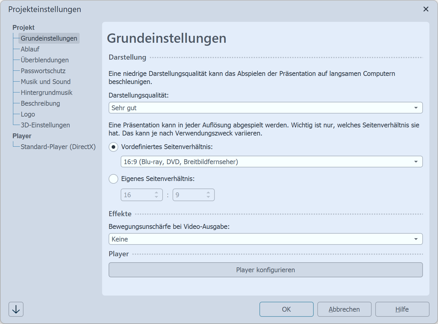 Grundeinstellungen Stages