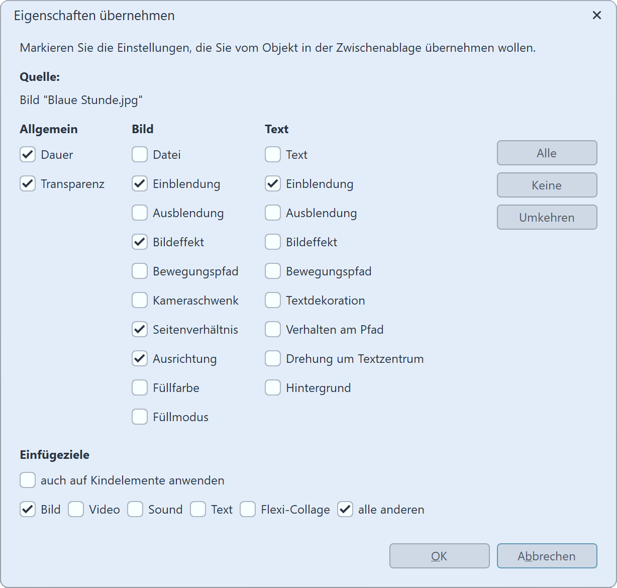 Eigenschaften übernehmen