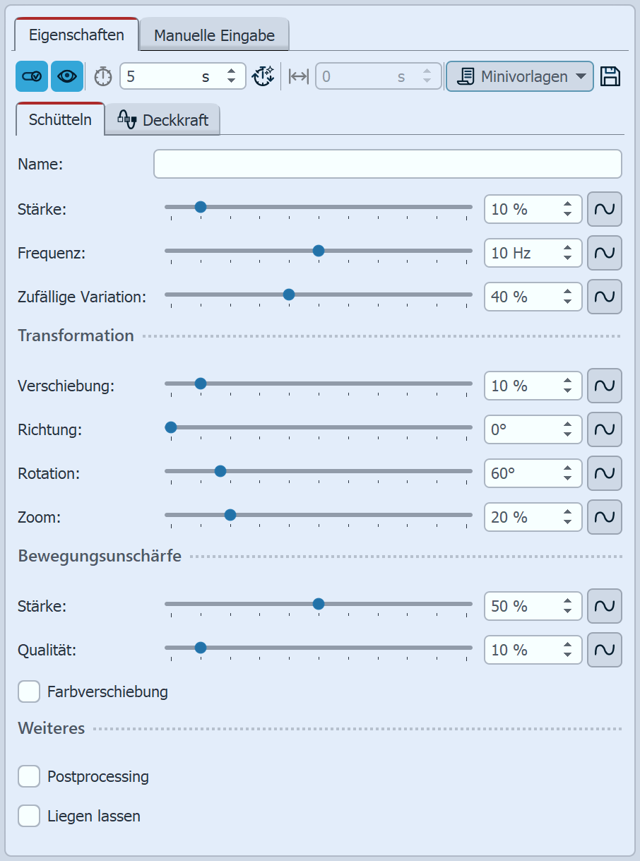 Einstellungen für Schütteln