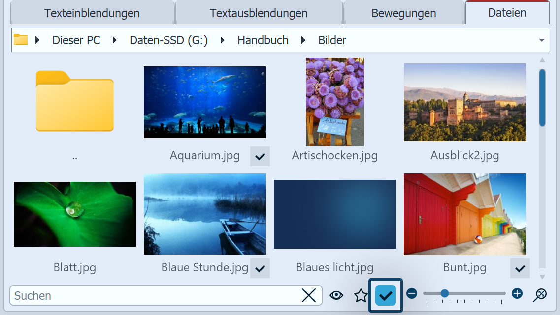 Im Projekt verwendete Inhalte sind im Dateibrowser mit Häkchen markiert