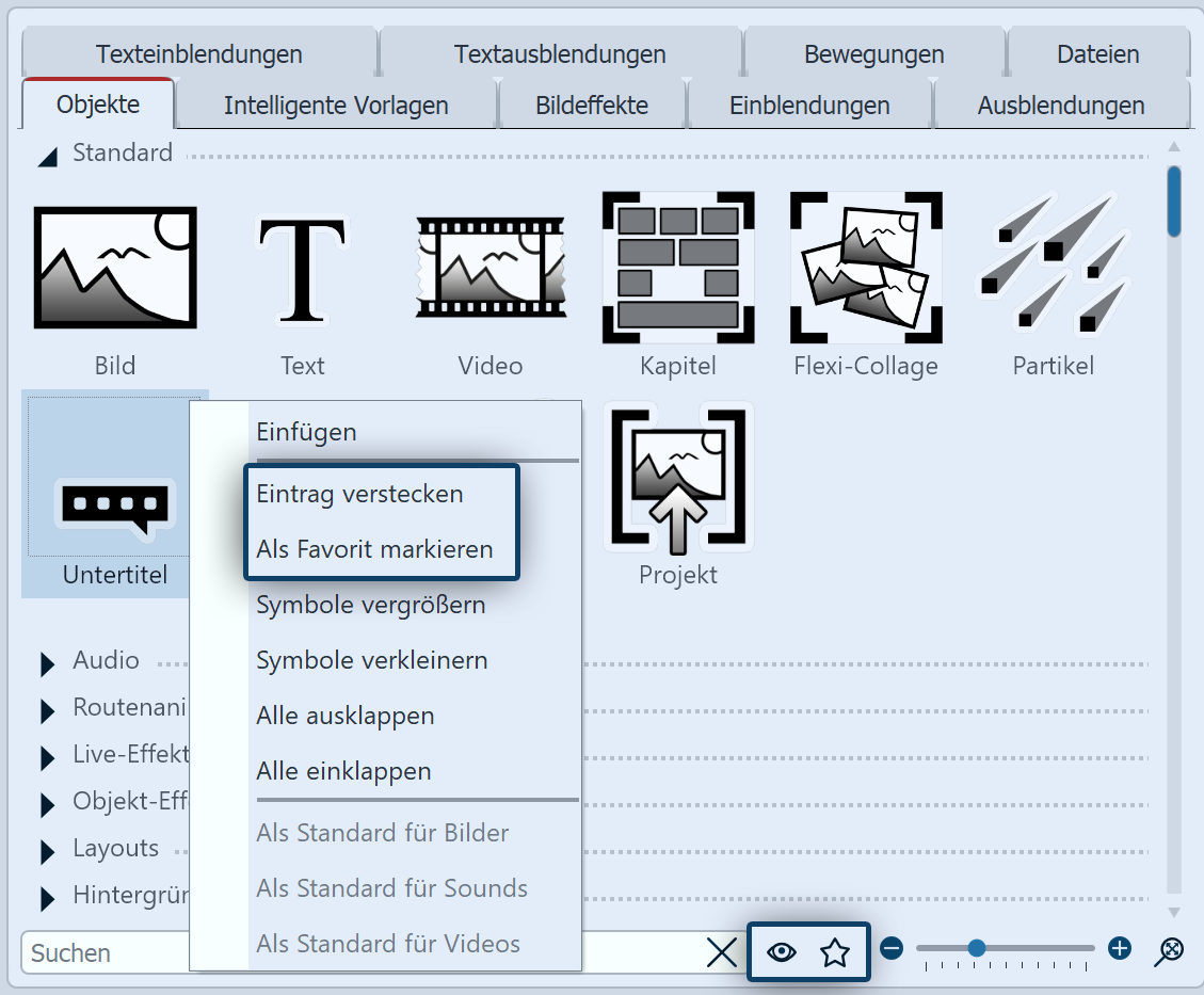 Toolbox-Elemente verstecken/als Favorit setzen