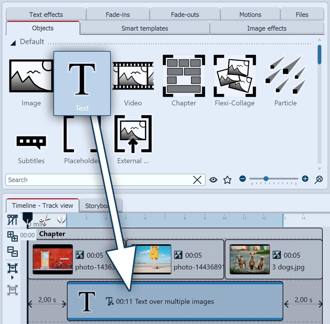 Dragging a text object into the track under the images