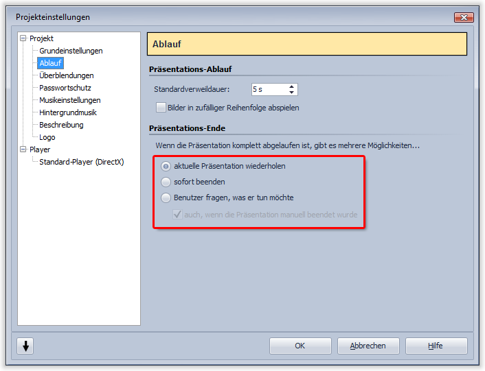 Einstellungen zum Präsentations-Ende