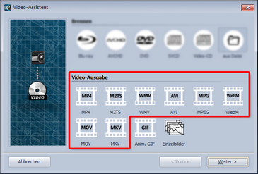 Mögliche Videoformate im Video-Assistenten