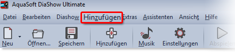 Menü "Hinzufügen" in der Toolbar