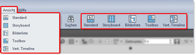 Auswahl der Ansichten im Menü und in der Toolbar