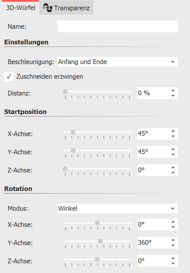 Einstellungen 3D-Würfel