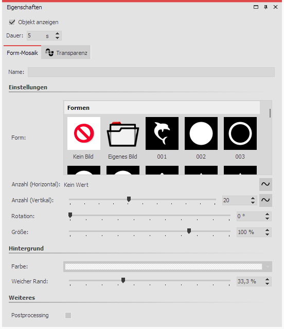 Einstellungen für Form-Mosaik-Effekt
