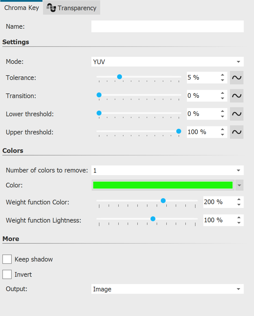 Settings for the Chroma key effect
