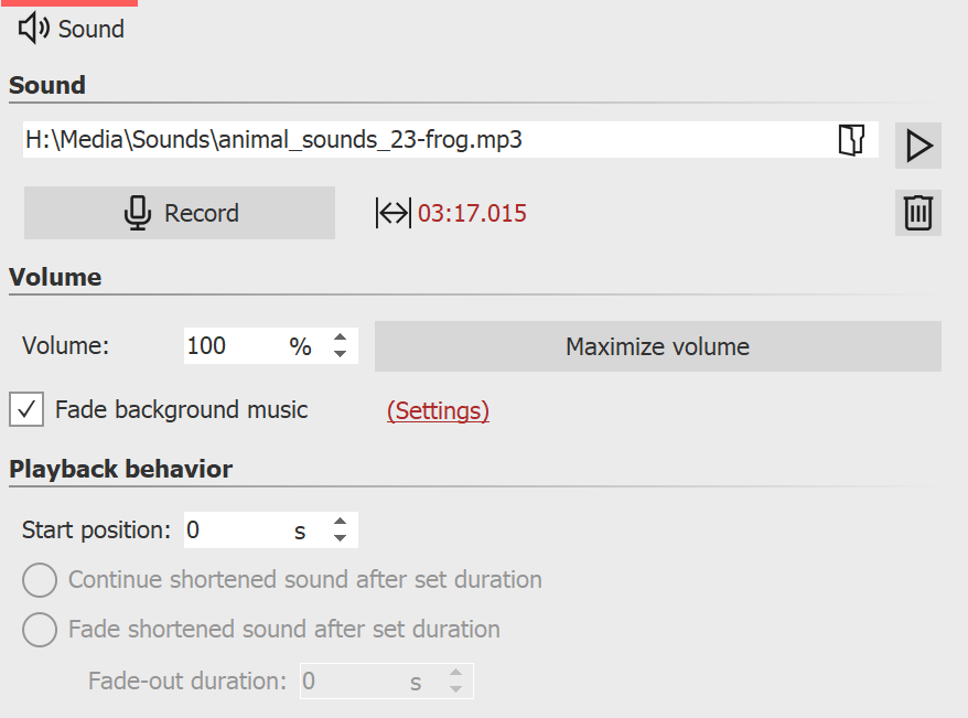 Settings for Sound object
