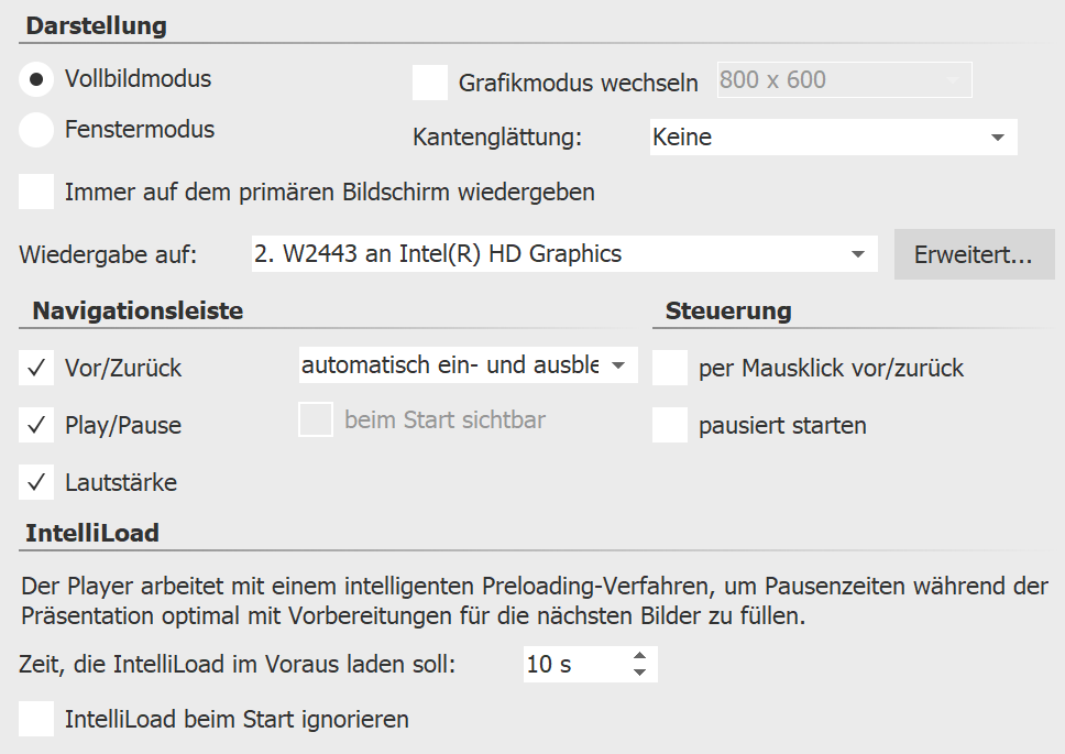 Einstellungen für Player in Stages