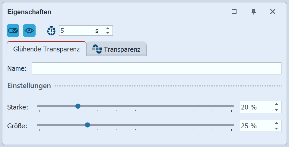 Einstellungen für Größe und Stärke