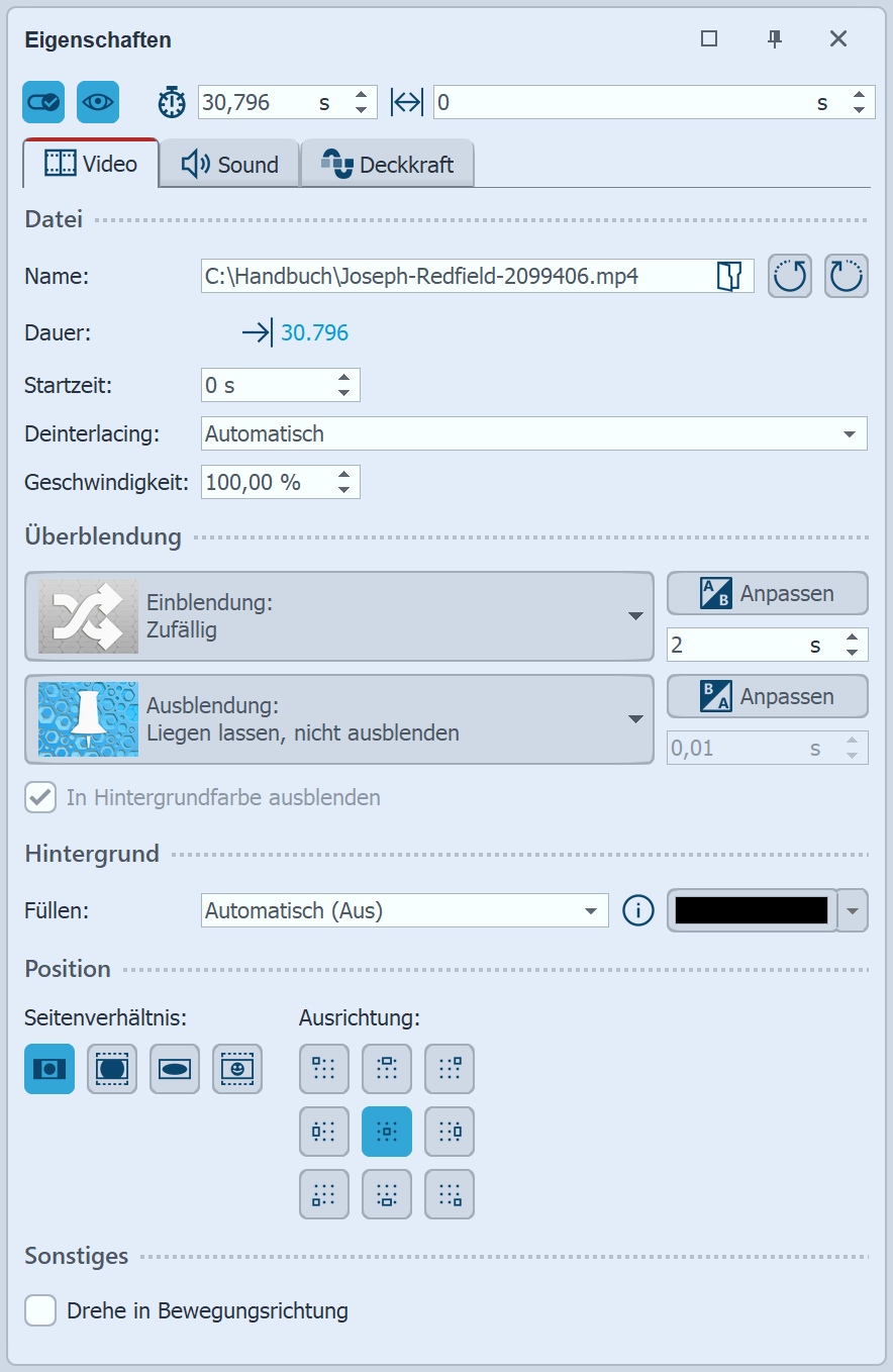 Eigenschaften für Video-Objekt