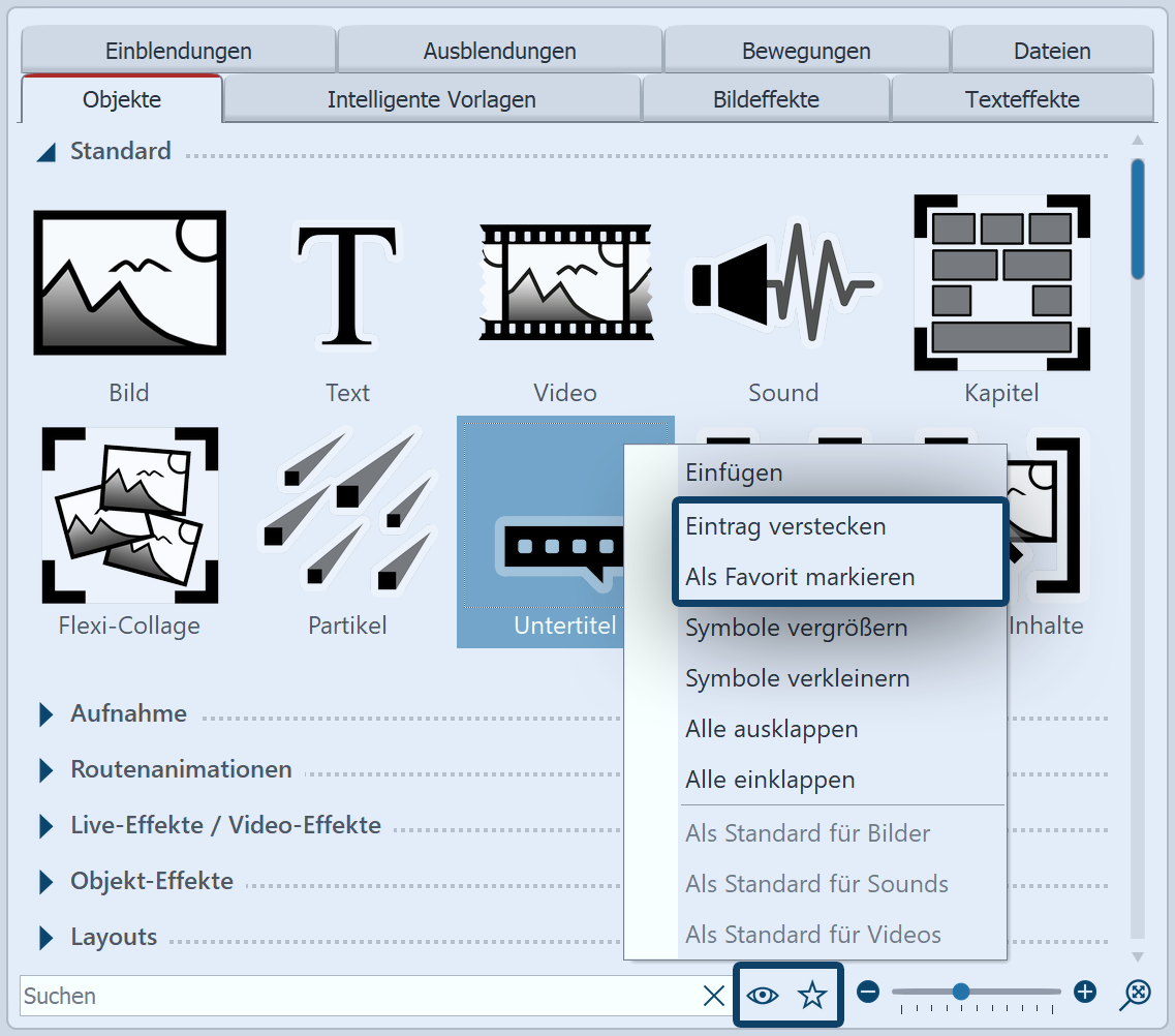 Toolbox-Elemente verstecken/als Favorit setzen