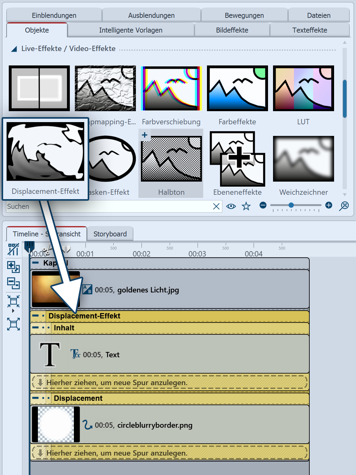 Objekte nacheinander in die Timeline ziehen