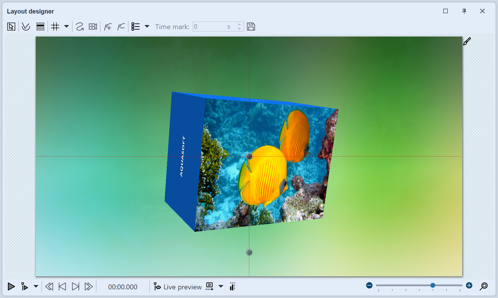 3D-Quader mit Frontbild und Text auf fünf Seiten