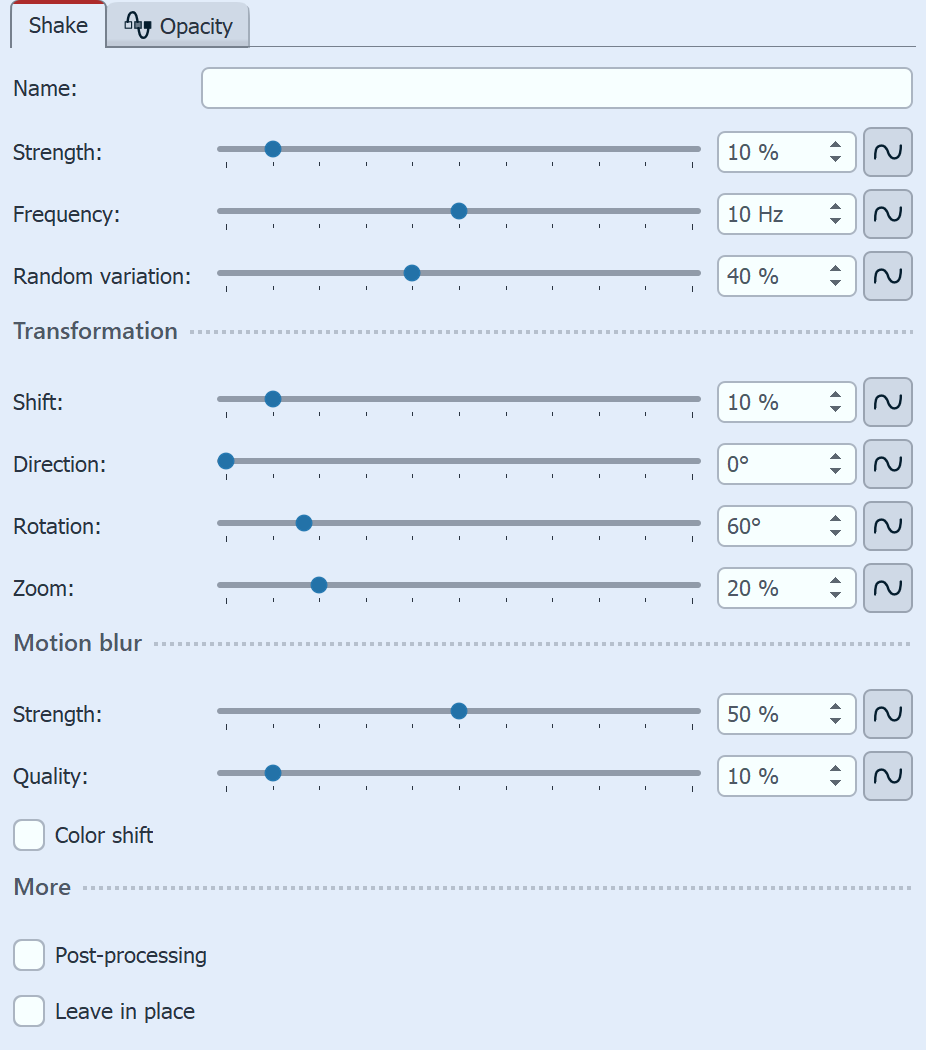 Settings for Shake effect