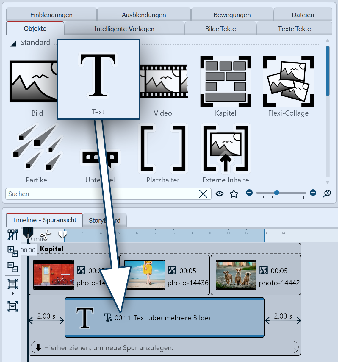 Text-Objekt in Spur unter Bilder ziehen