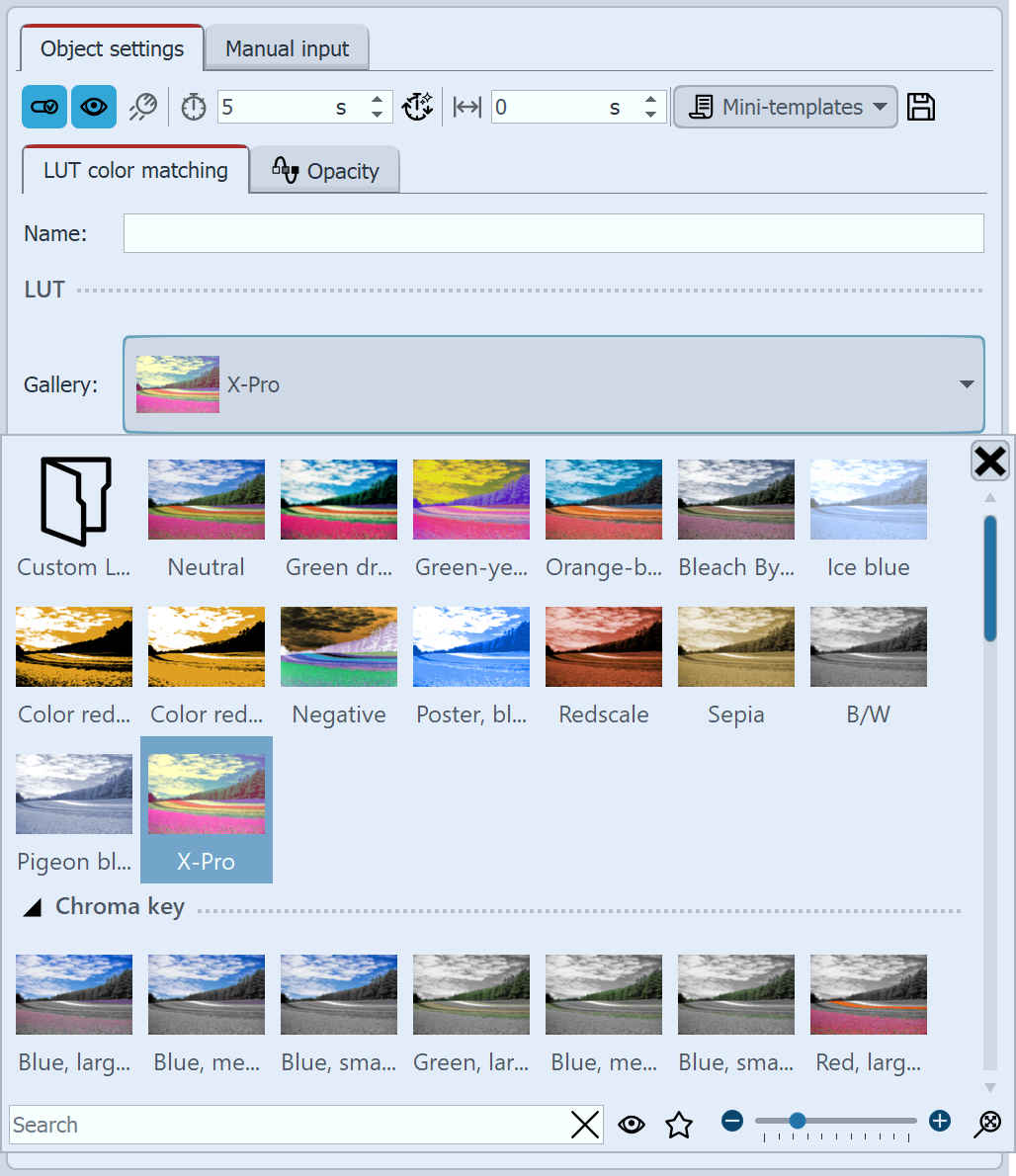 Settings for LUT effect