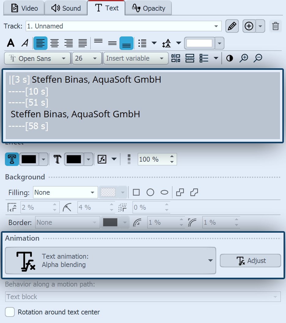 Example of text timing on a video