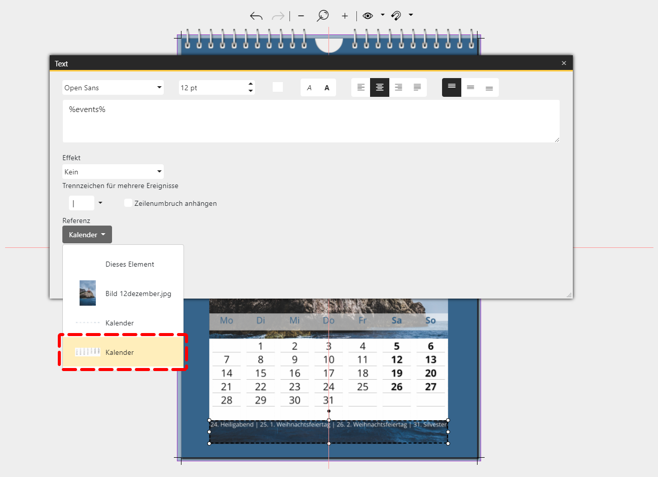 Dem Ereignisfeld wird als Referenz der Kalender zugewiesen.