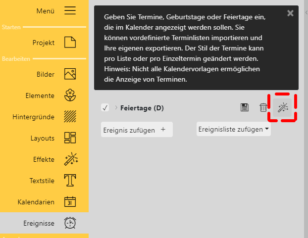 Ereignisstil der Liste "Feiertage" bearbeiten