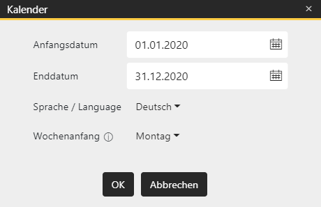 "Ändern" - Eigenschaften für Kalender