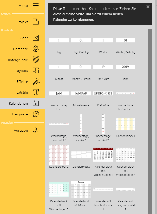 Toolbox-Ansicht Kalendarien