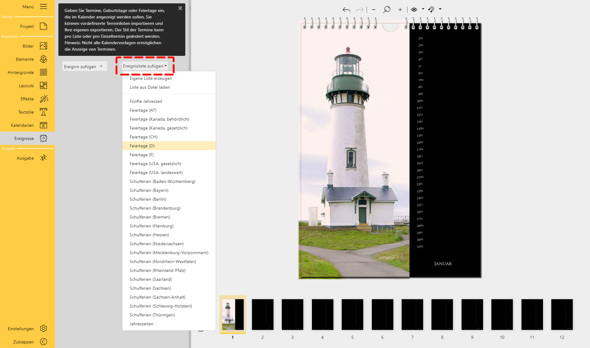 Ereignisliste dem Kalender hinzufügen Ereignisliste dem Kalender hinzufügen