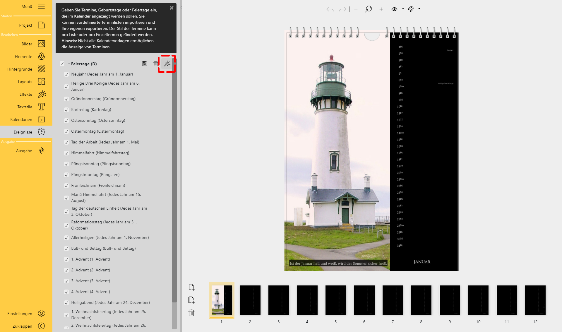 In der Toolbox sind die Termine der Ereignisliste zu sehen, die im Kalender angezeigt werden. In der Toolbox sind die Termine der Ereignisliste zu sehen, die im Kalender angezeigt werden.