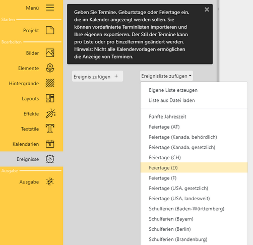 Ereignisliste auswählen