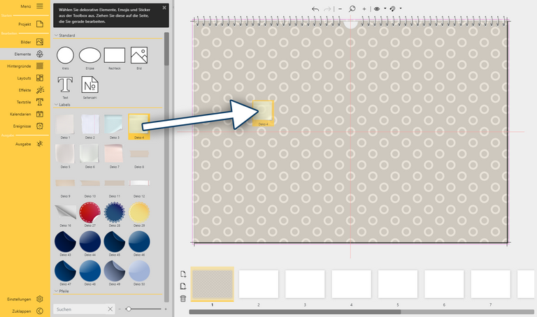 Deko-Element aus der Toolbox auf die Seite ziehen