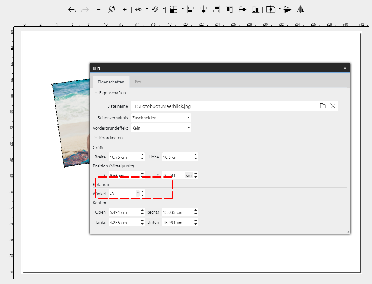 Drehwinkel einstellen in den Eigenschaften (Pro-Version)